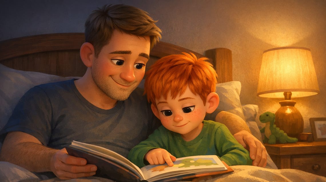 Father and son reading a picture book together in bed at night, the boy following the words with his finger