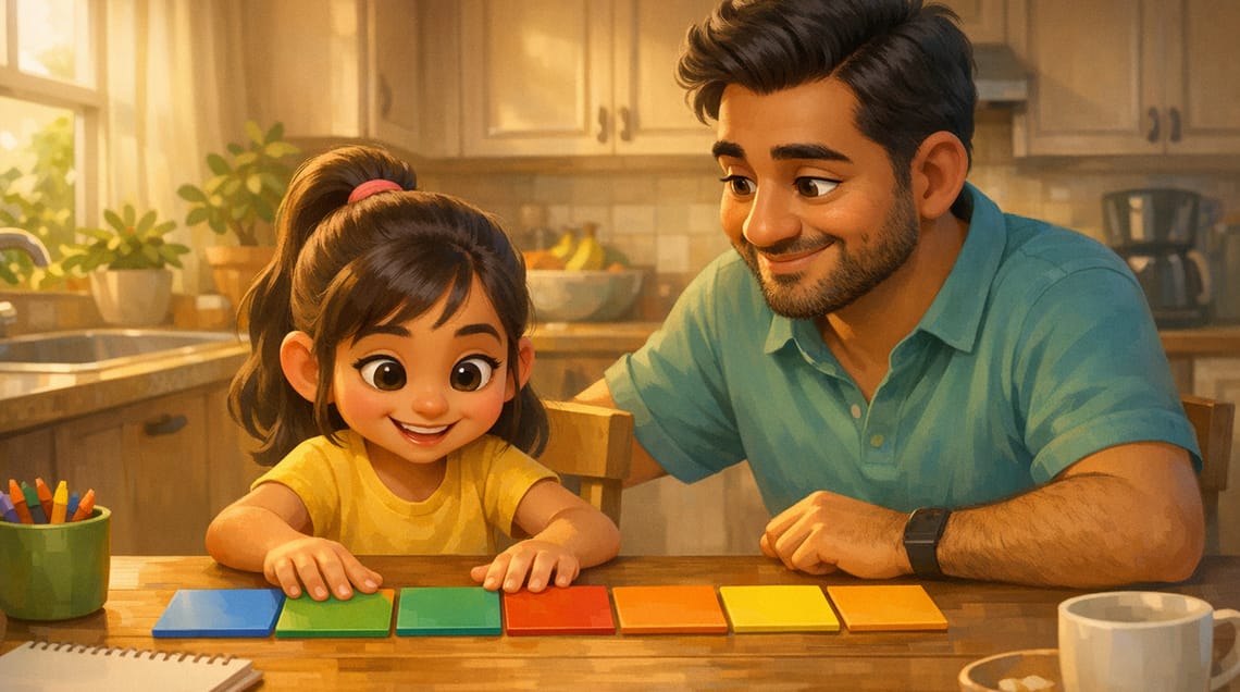 Smiling girl lining up colorful tiles on a kitchen table while her father watches proudly