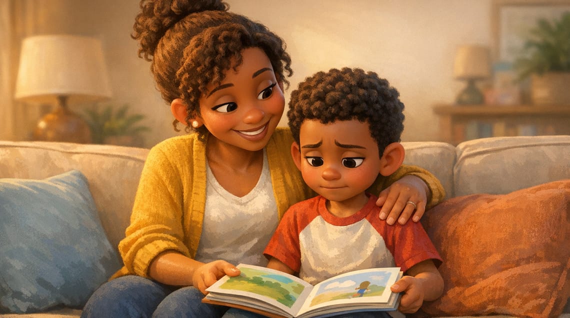 Mother smiling and hugging her 7-year-old son as he looks unsure at an open picture book on the couch