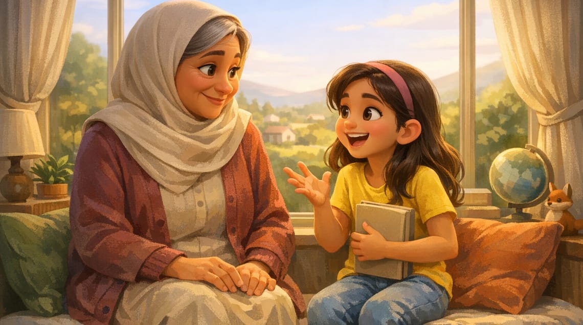 Grandmother listening with a smile as her granddaughter holds a book and excitedly retells the story