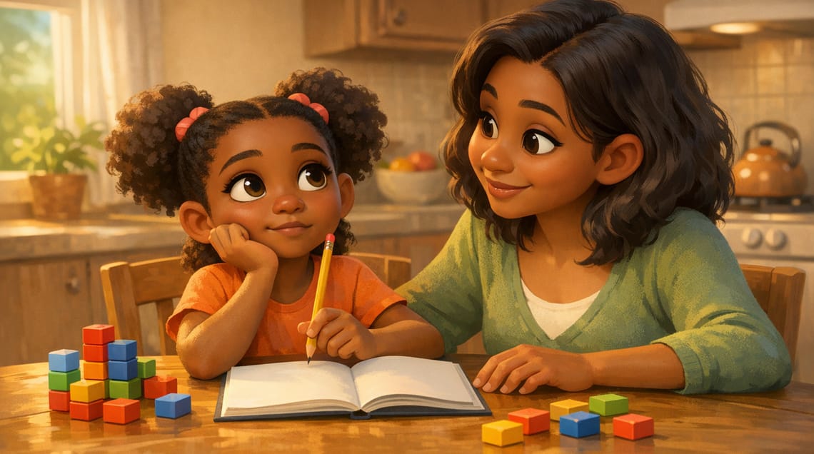 Girl with a pencil thinking about a math problem at the kitchen table with counting blocks as her mother sits beside her