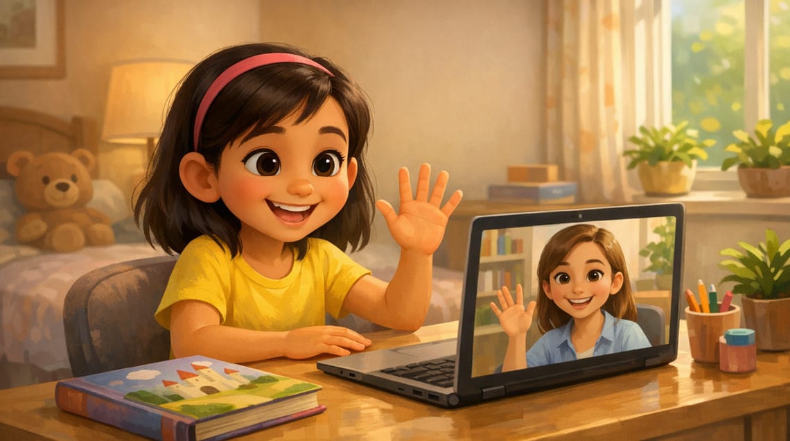 Happy girl waving at her online reading tutor on a laptop video call, with a storybook on the desk