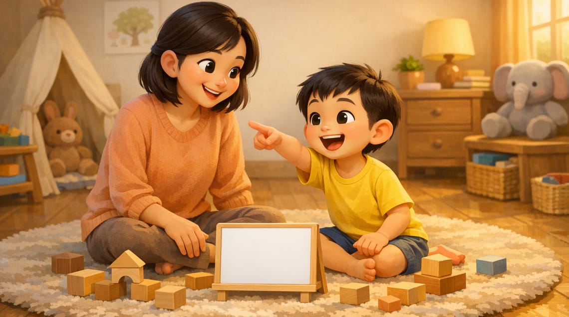 Mother and young son sitting on a playroom rug with wooden blocks and a small whiteboard, the boy pointing excitedly