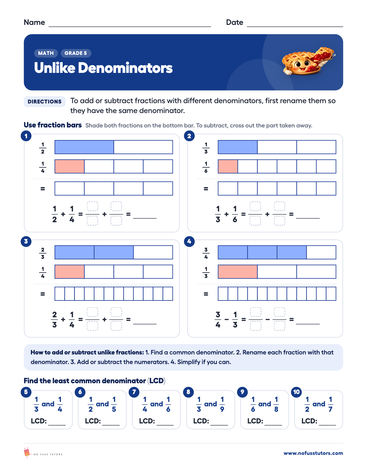 Adding and Subtracting Fractions with Unlike Denominators Math worksheet preview