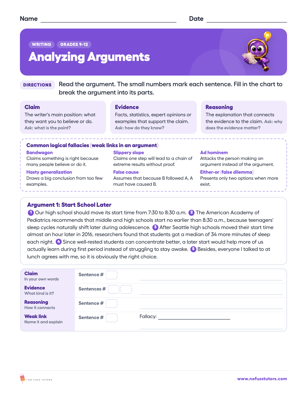 Analyzing Arguments: Claim, Evidence and Reasoning Writing worksheet preview