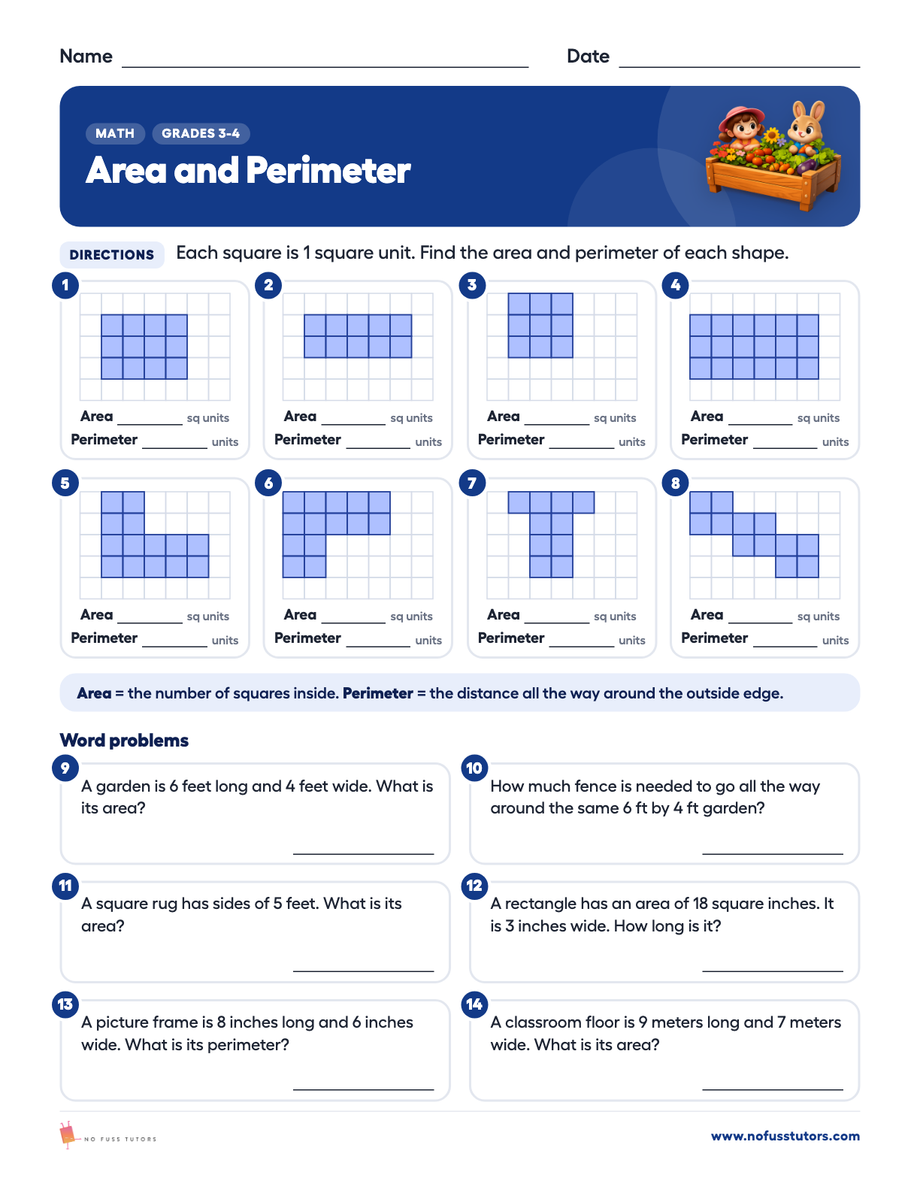 Area and Perimeter Math worksheet preview