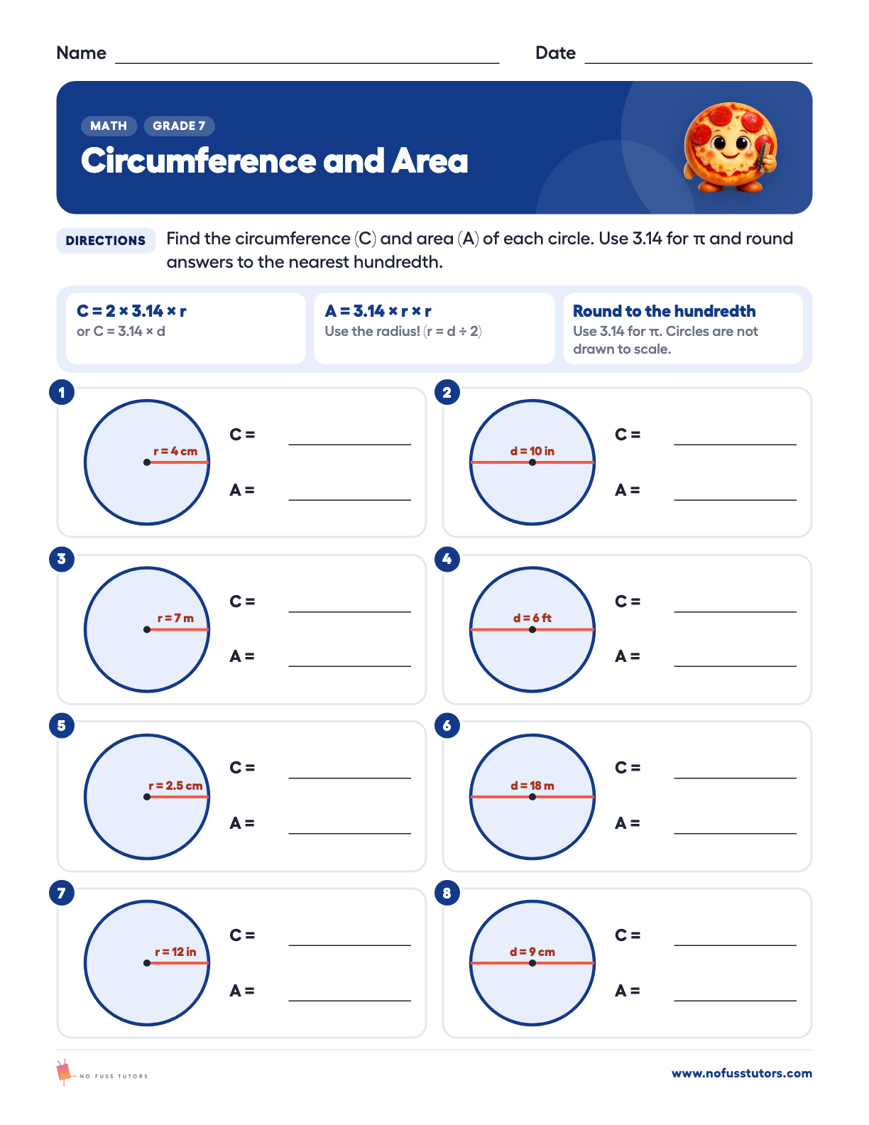 Circumference and Area of Circles Math worksheet preview