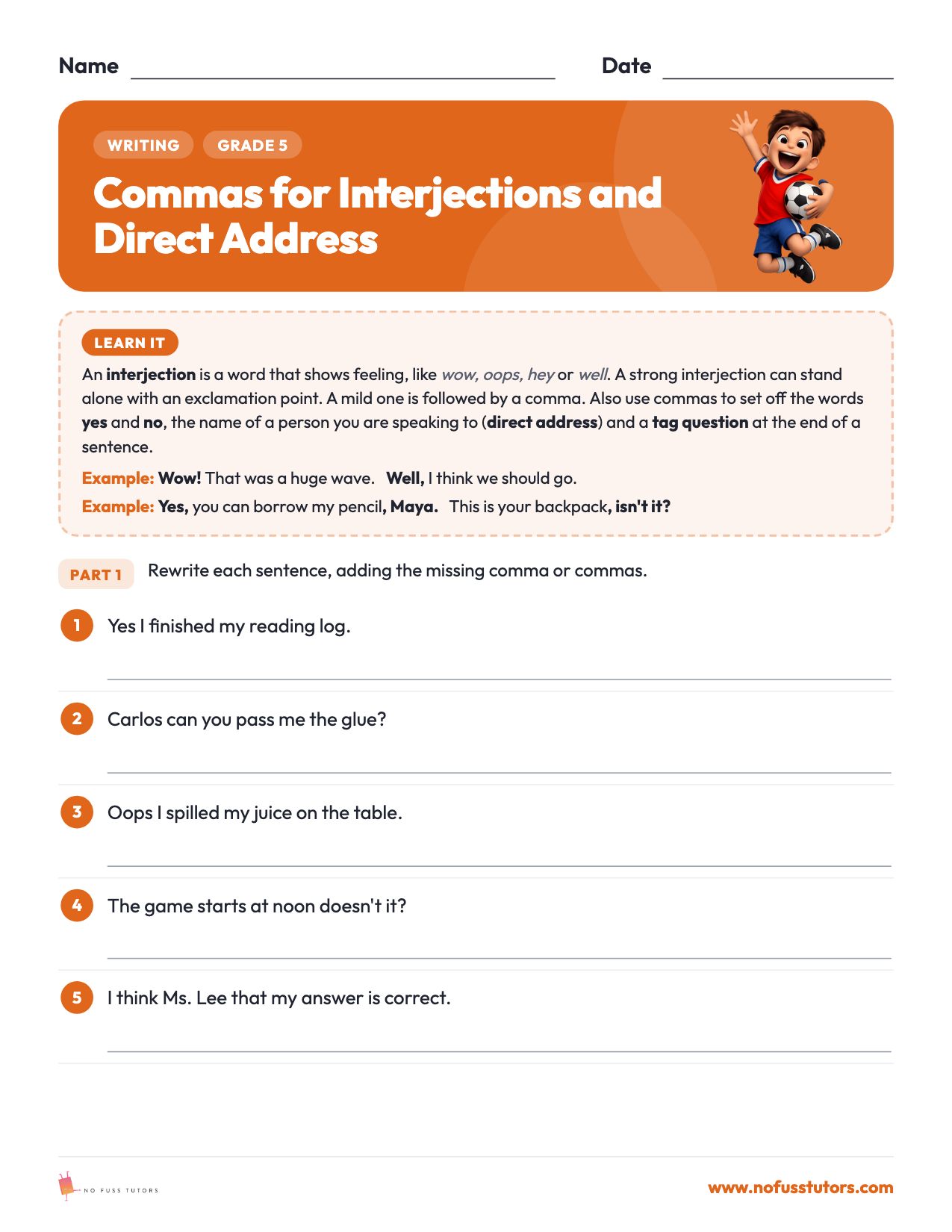 Commas for Interjections and Direct Address Writing worksheet preview