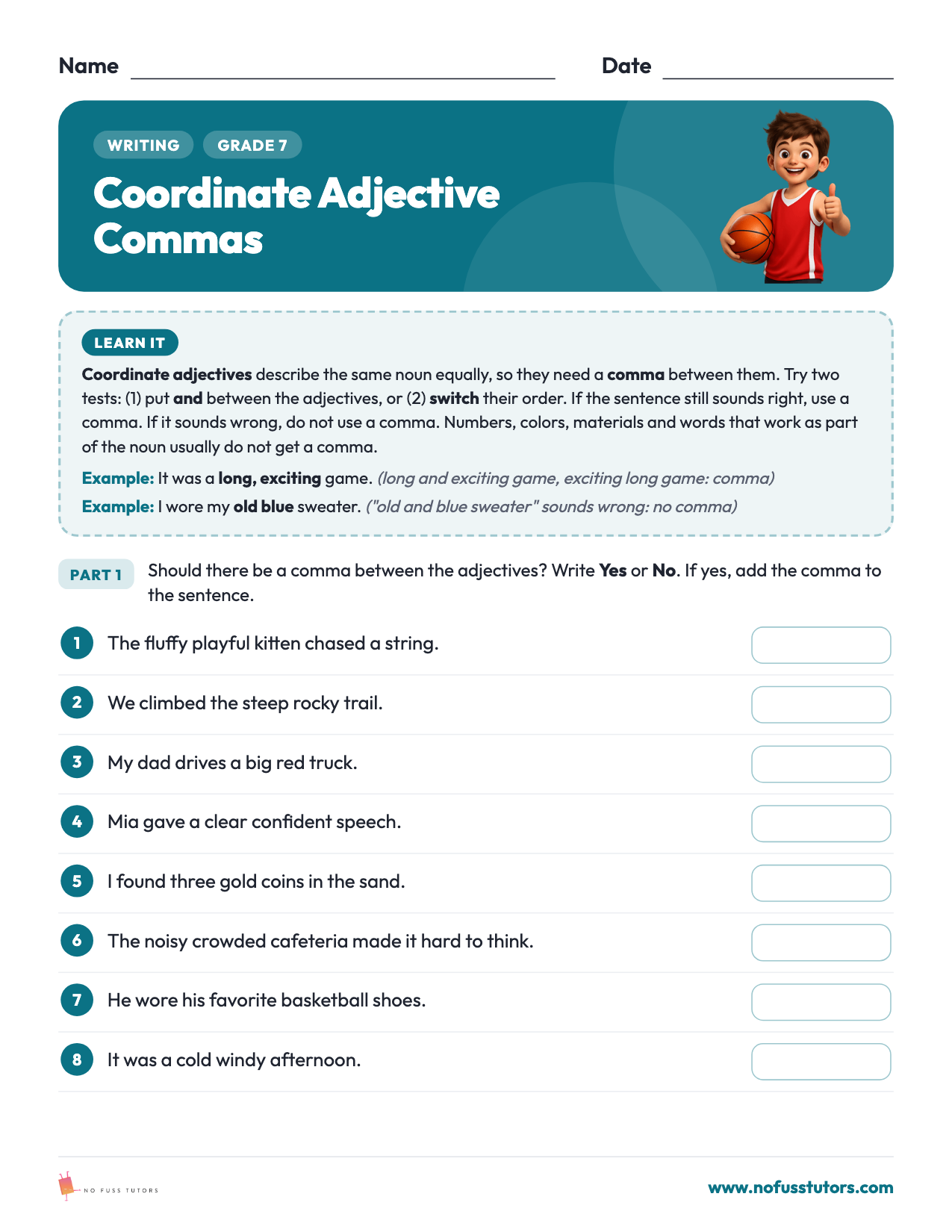 Coordinate Adjective Commas Writing worksheet preview