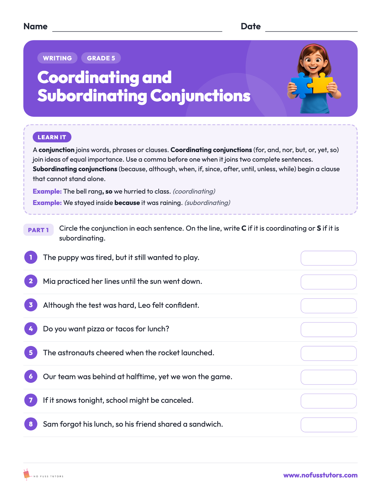 Coordinating and Subordinating Conjunctions Writing worksheet preview