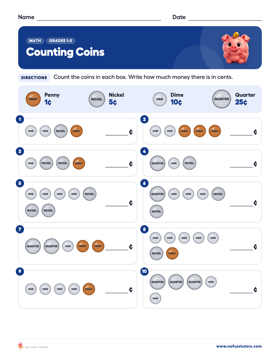 Counting Coins Math worksheet preview