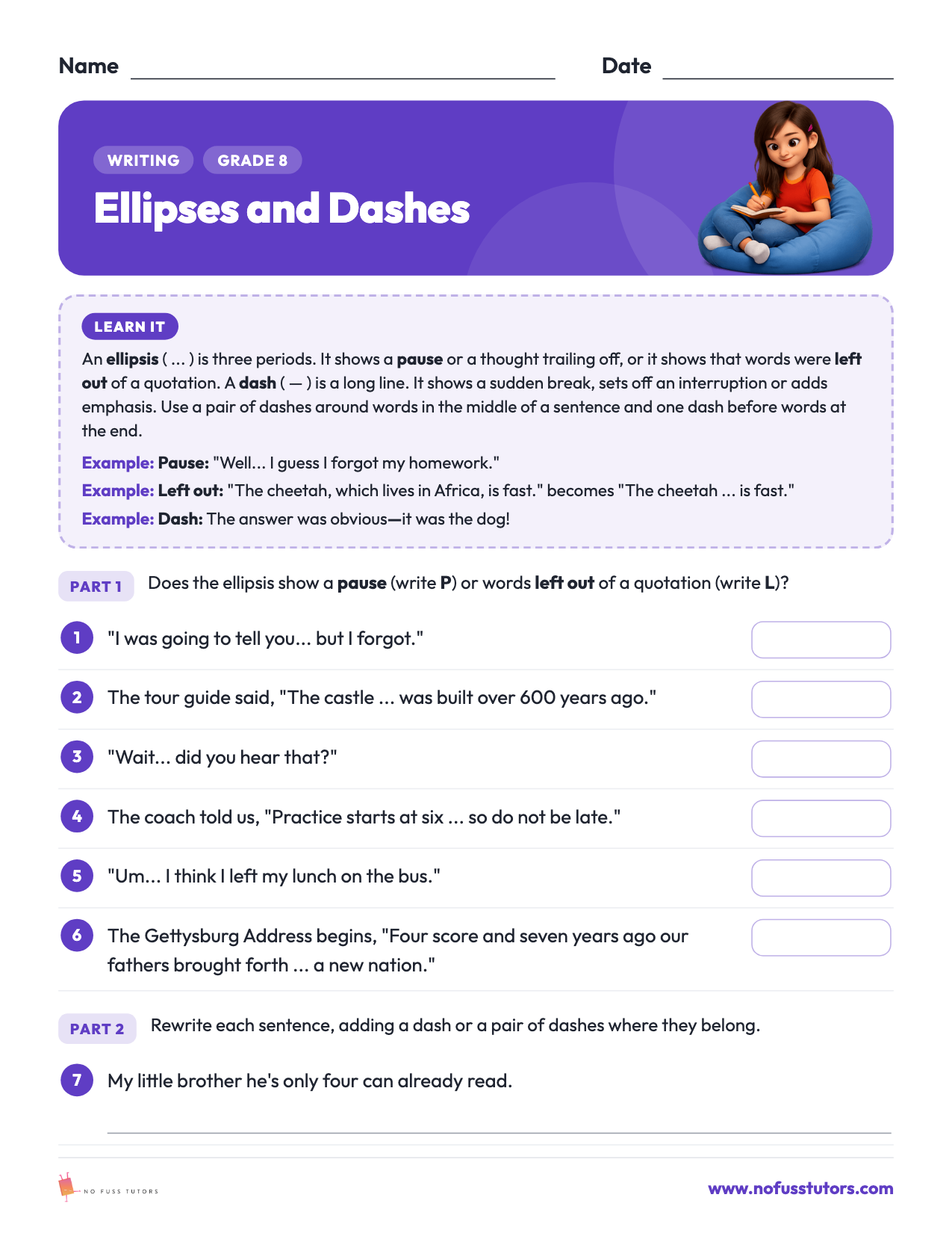 Ellipses and Dashes Writing worksheet preview