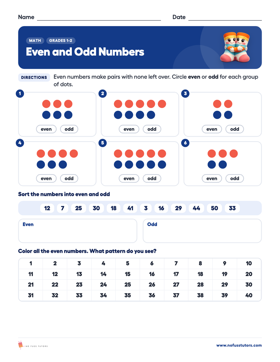 Even and Odd Numbers Math worksheet preview