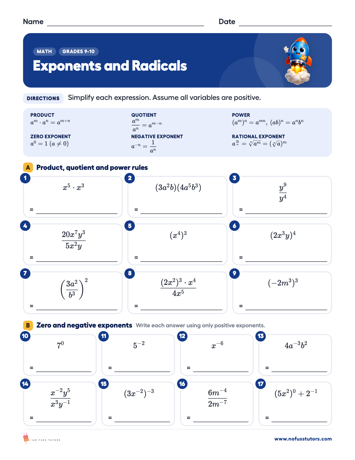Exponent Rules and Radicals Math worksheet preview