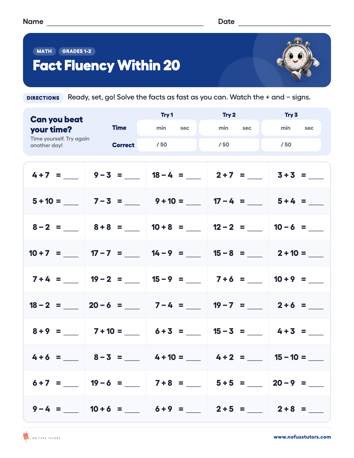 Fact Fluency Within 20: Beat Your Time Math worksheet preview