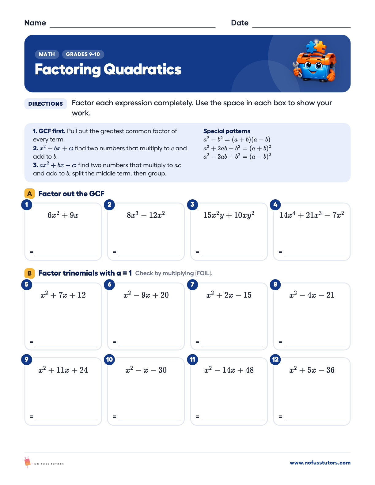 Factoring Quadratics Math worksheet preview