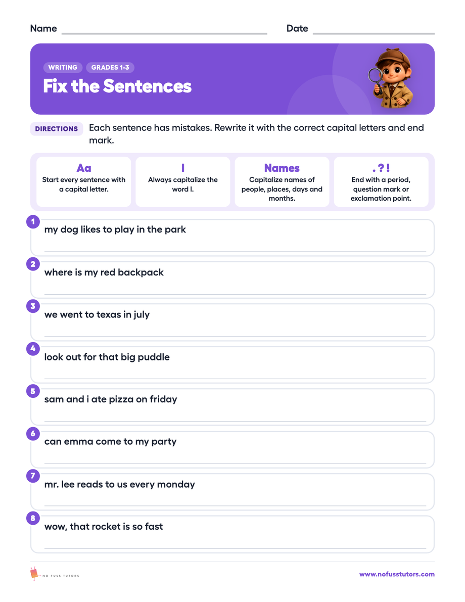 Fix the Sentences: Capital Letters and End Marks Writing worksheet preview