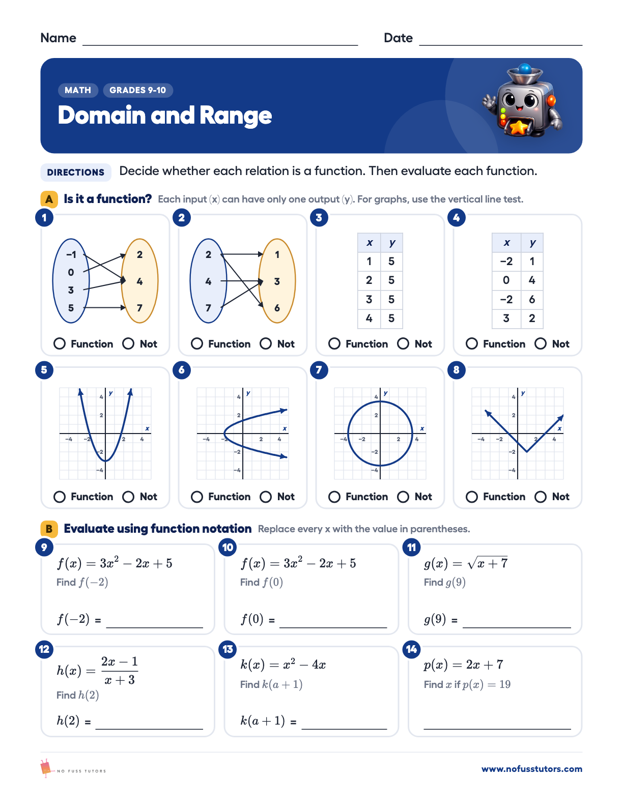 Functions: Domain, Range and Function Notation Math worksheet preview