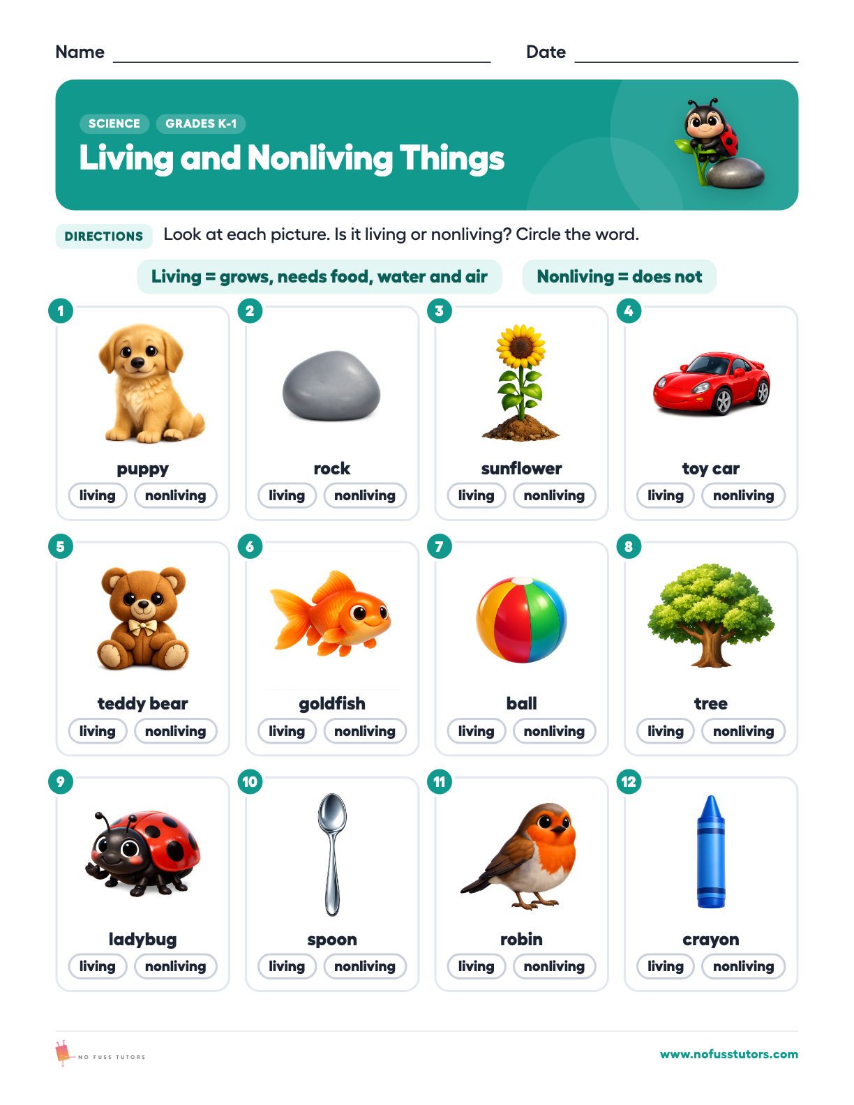 Living and Nonliving Things Science worksheet preview