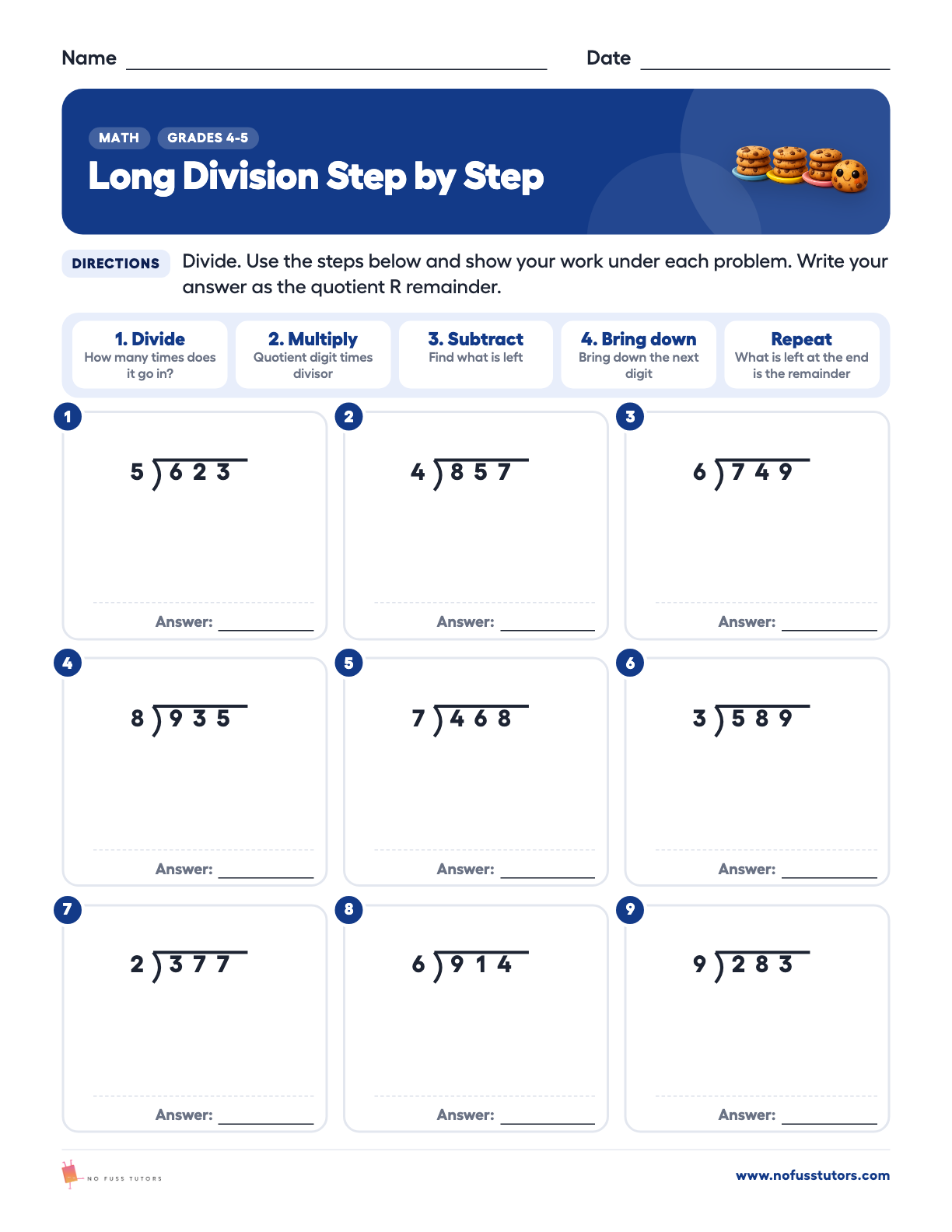 Long Division Step by Step Math worksheet preview