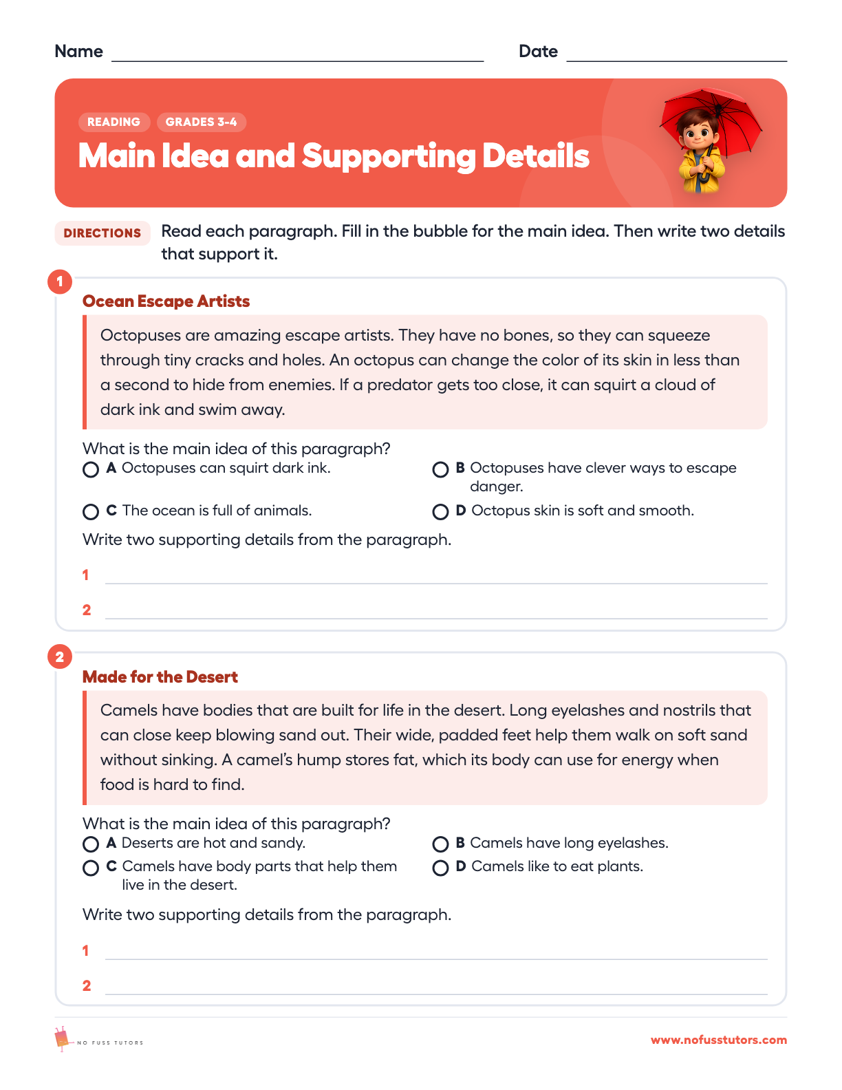 Main Idea and Supporting Details Reading worksheet preview