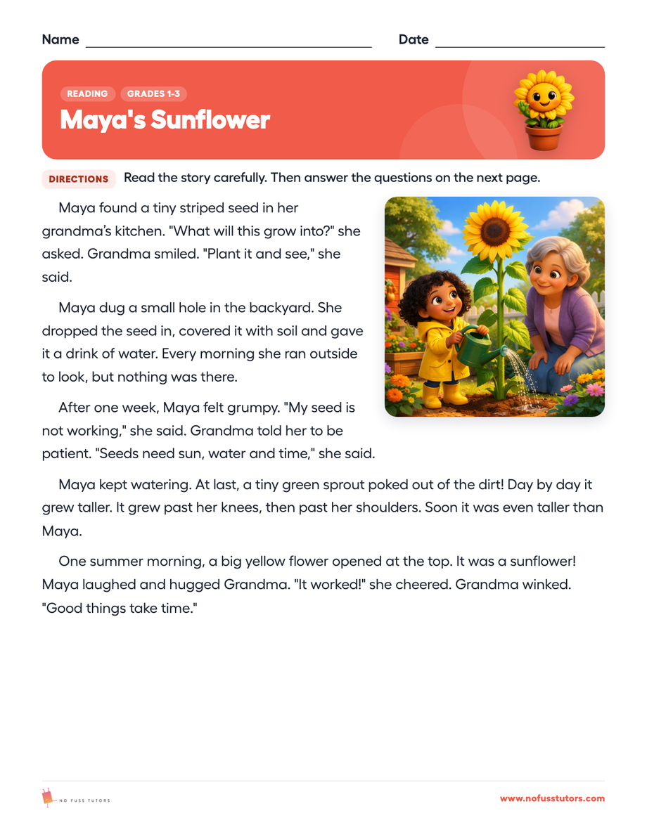 Maya's Sunflower Reading worksheet preview
