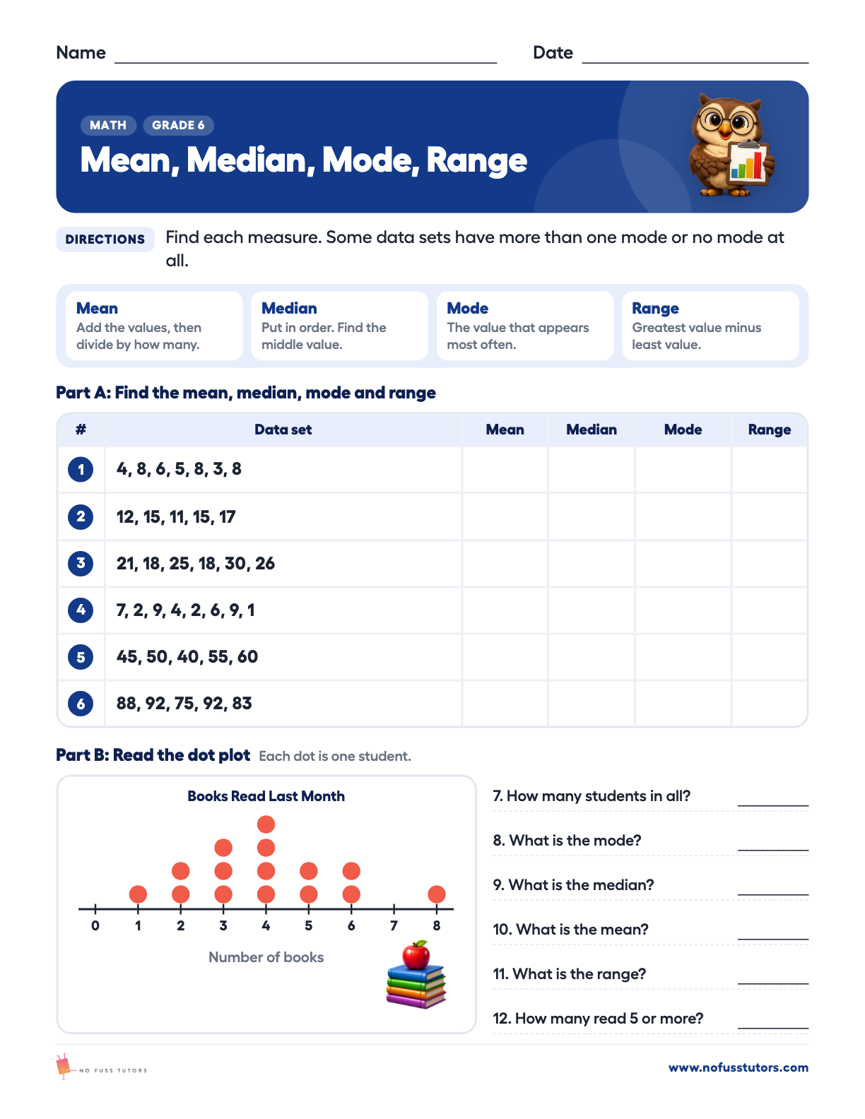 Mean, Median, Mode and Range Math worksheet preview