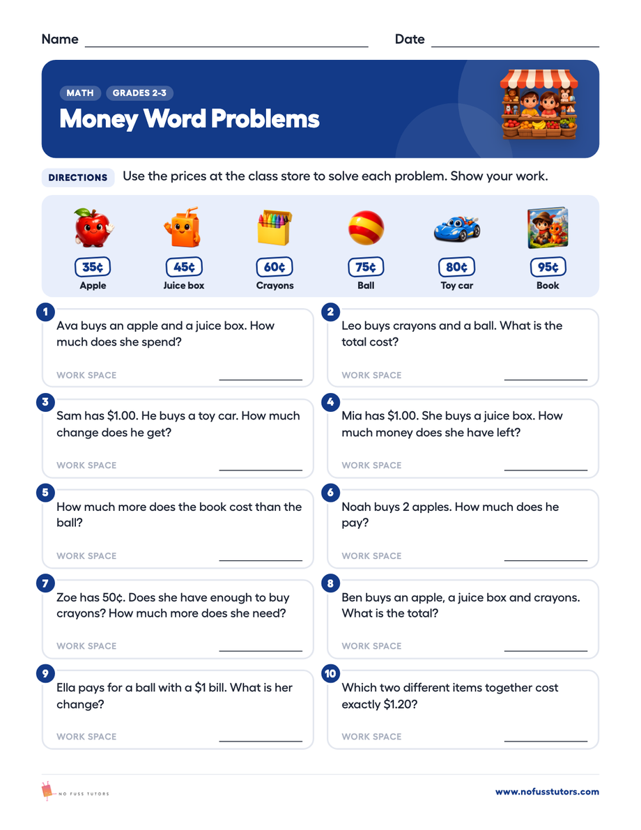 Money Word Problems Math worksheet preview