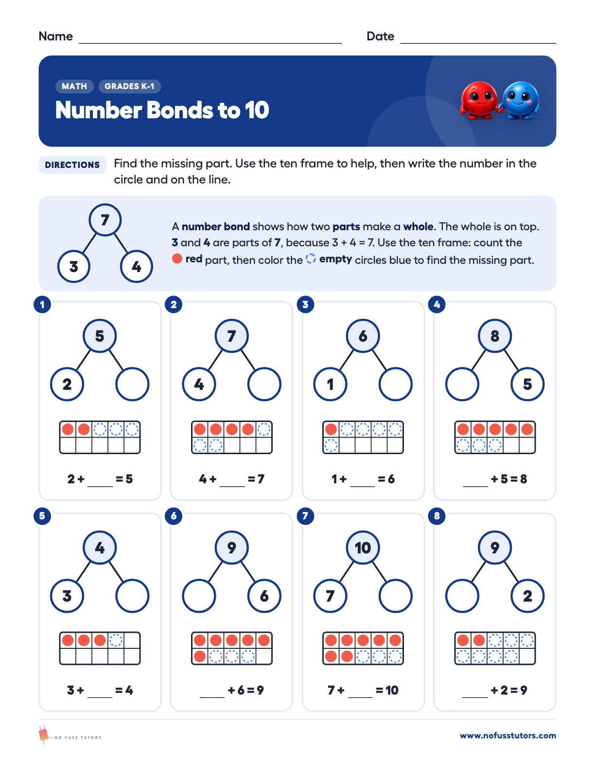 Number Bonds to 10 Math worksheet preview