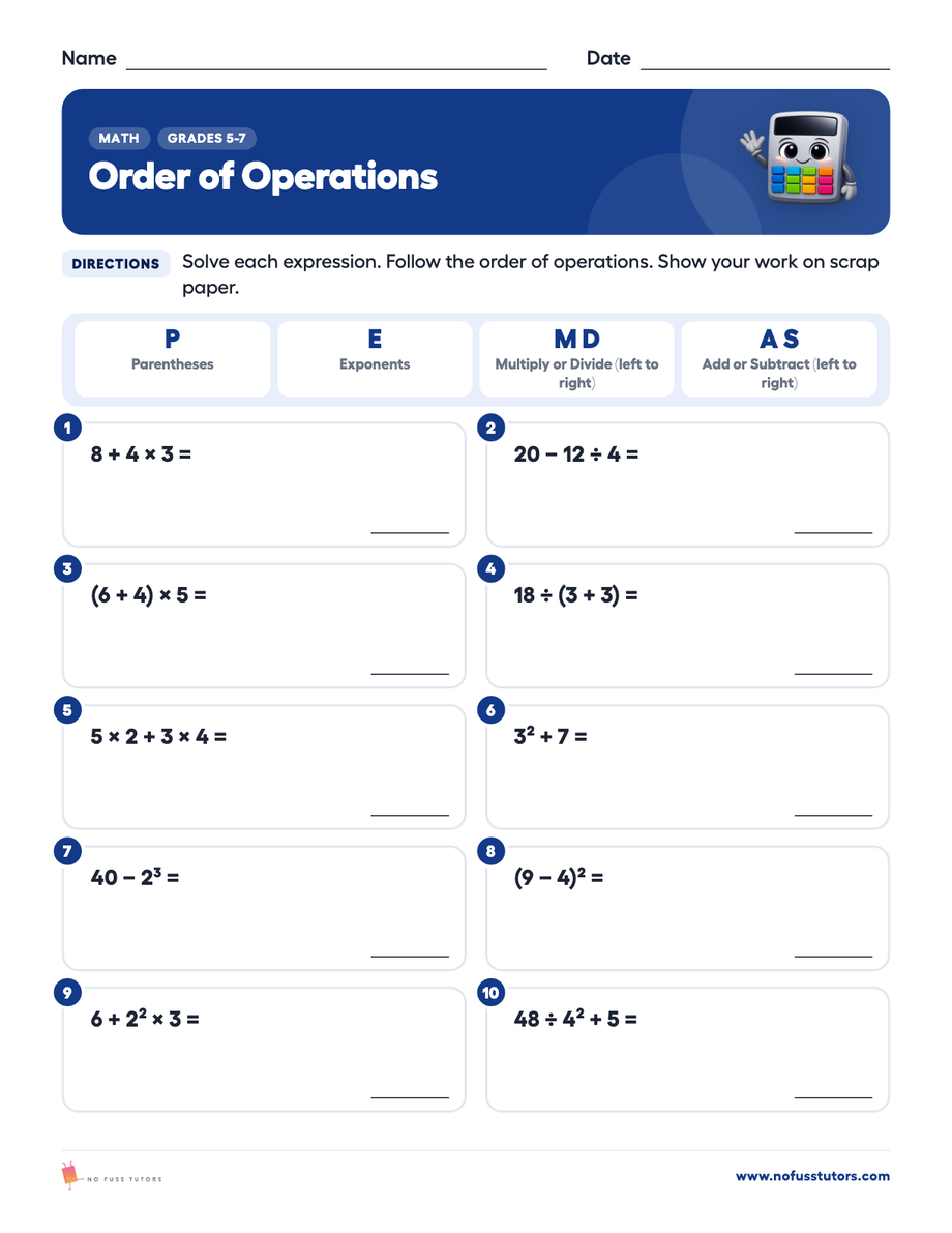 Order of Operations with Exponents Math worksheet preview