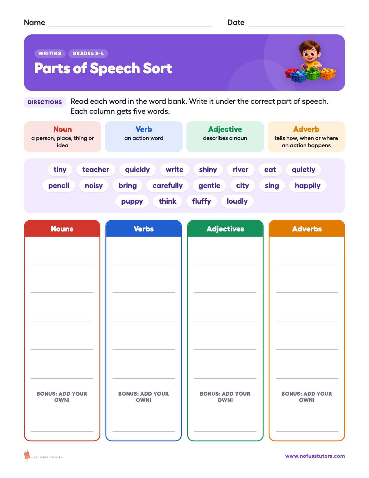 Parts of Speech Sort Writing worksheet preview