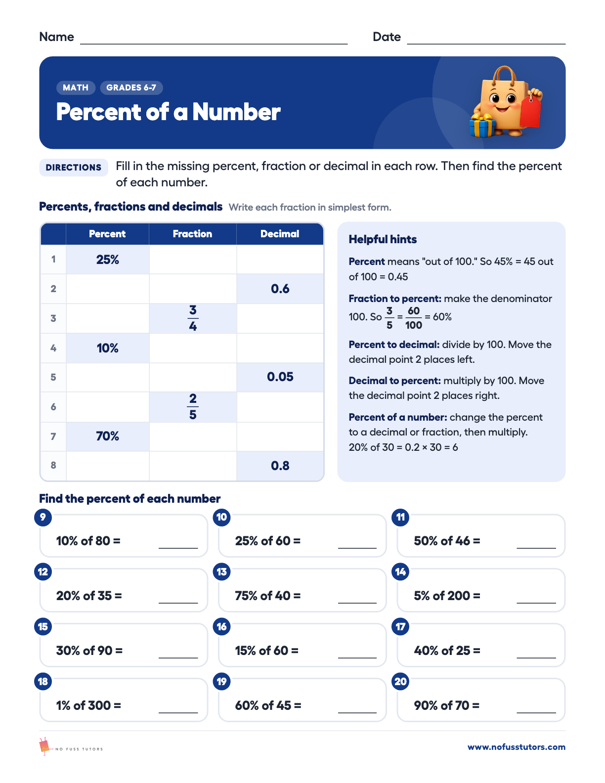 Percent of a Number and Discounts Math worksheet preview