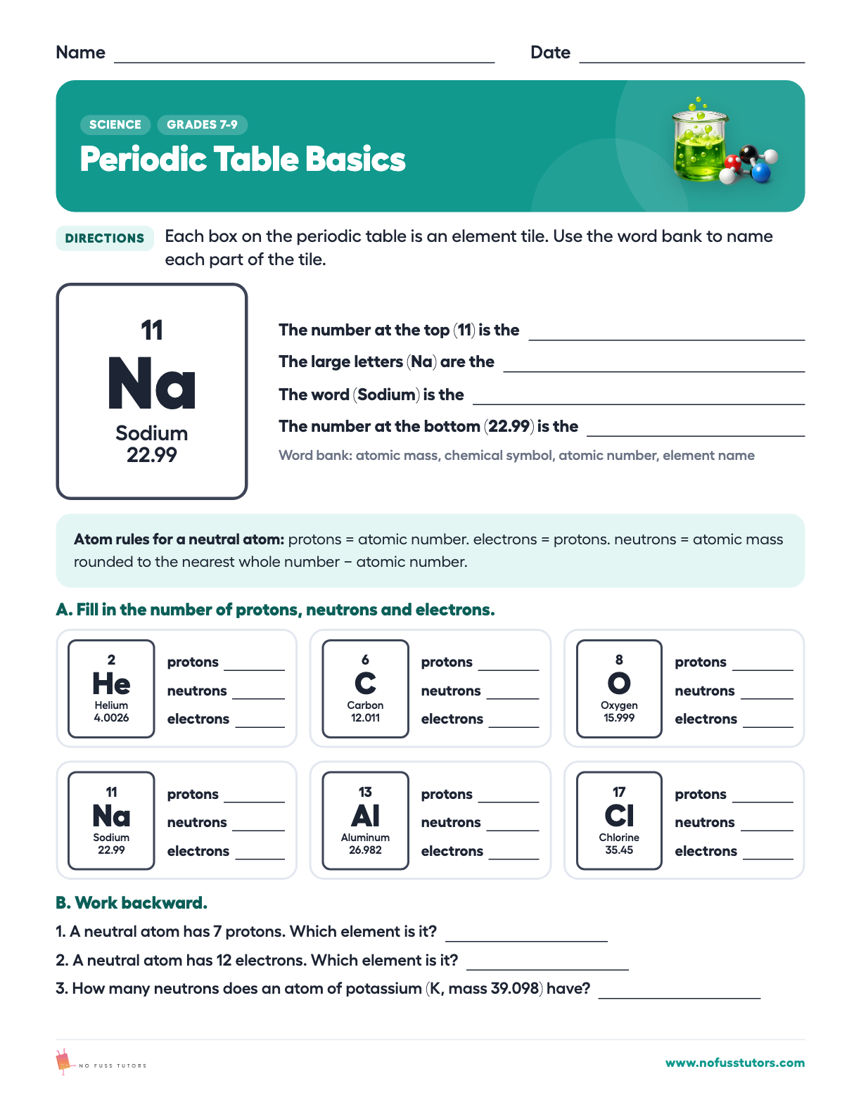 Periodic Table Basics: Atoms, Elements and Compounds Science worksheet preview