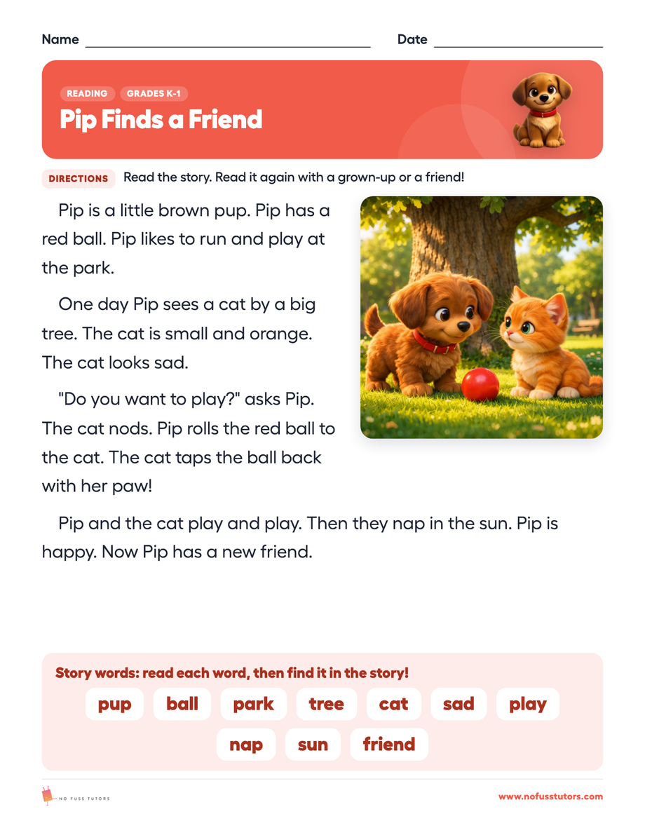 Pip Finds a Friend Reading worksheet preview