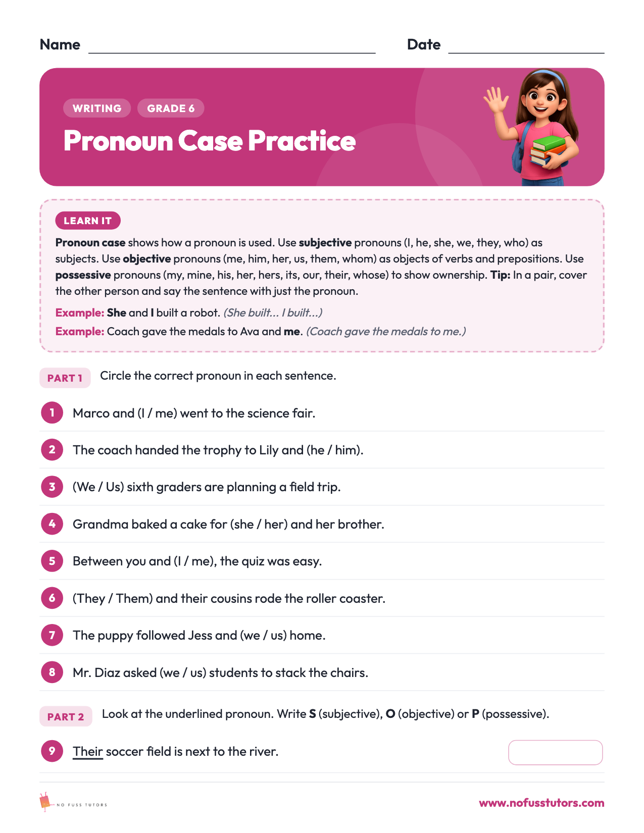 Pronoun Case Practice Writing worksheet preview