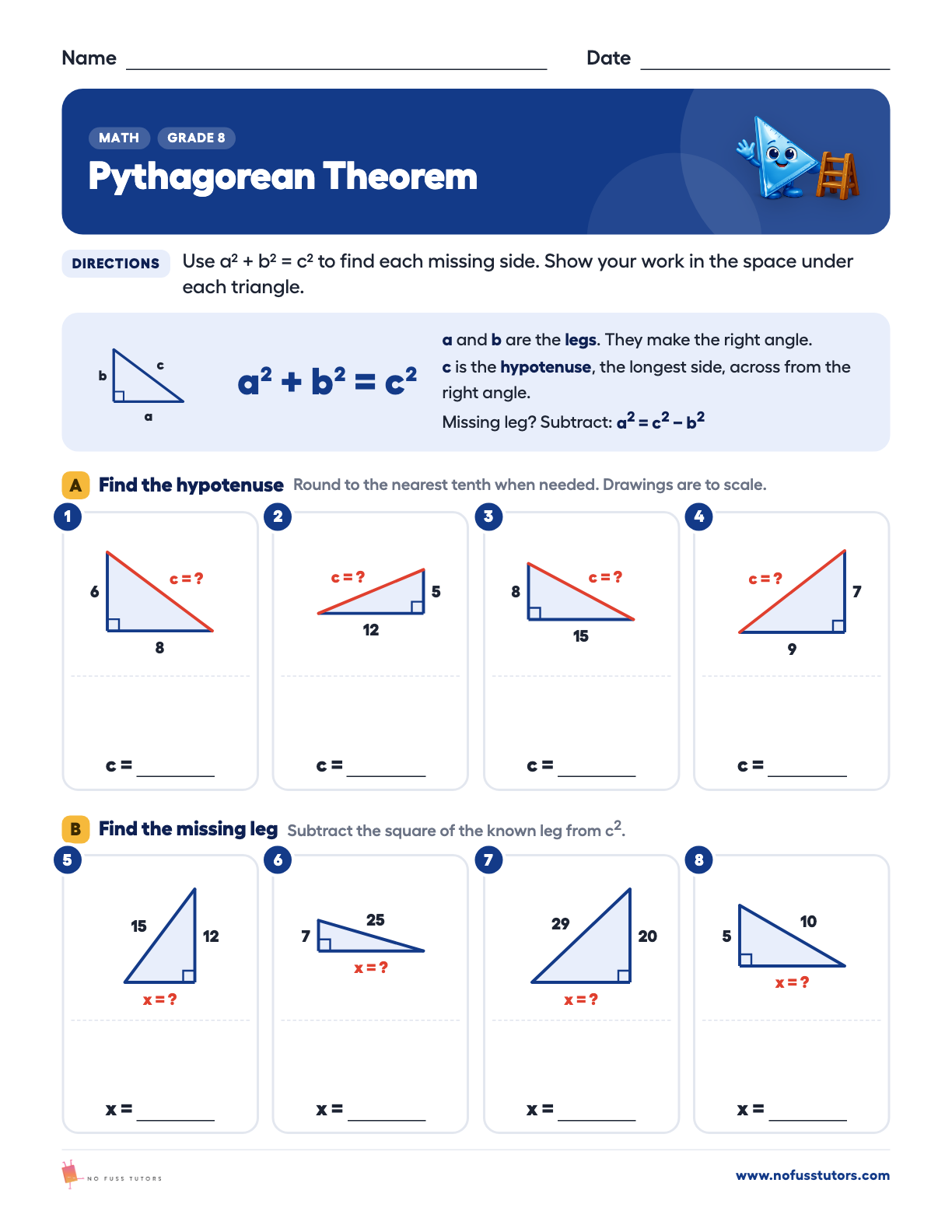 Pythagorean Theorem: Triangles, Triples and Ladders Math worksheet preview