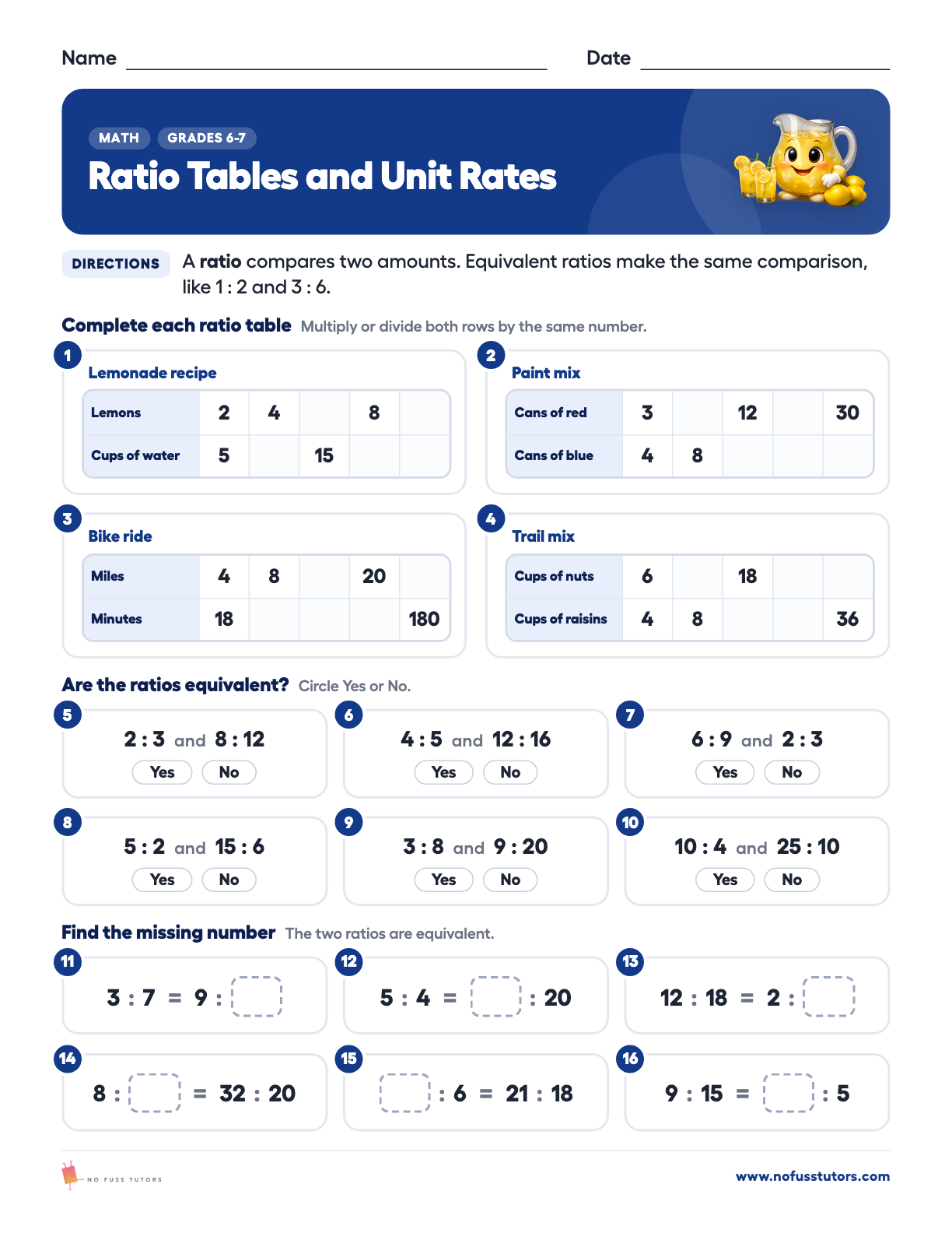 Ratio Tables and Unit Rates Math worksheet preview