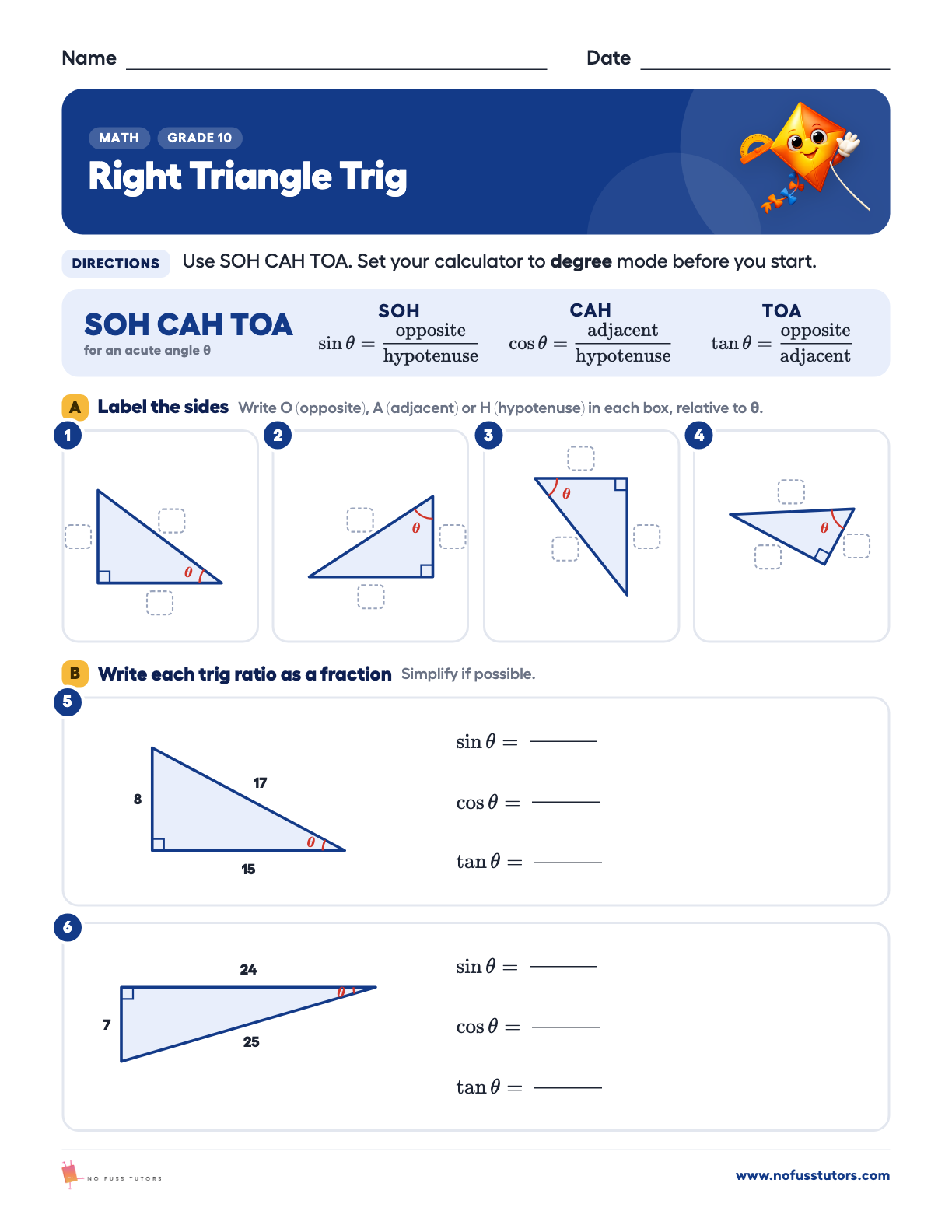 Right Triangle Trigonometry: SOH CAH TOA Math worksheet preview