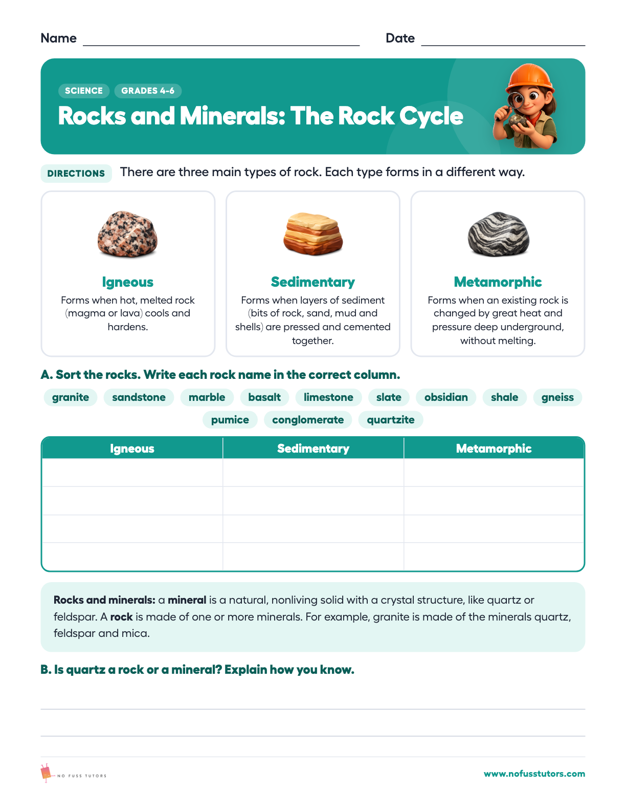 Rocks and Minerals: The Rock Cycle Science worksheet preview