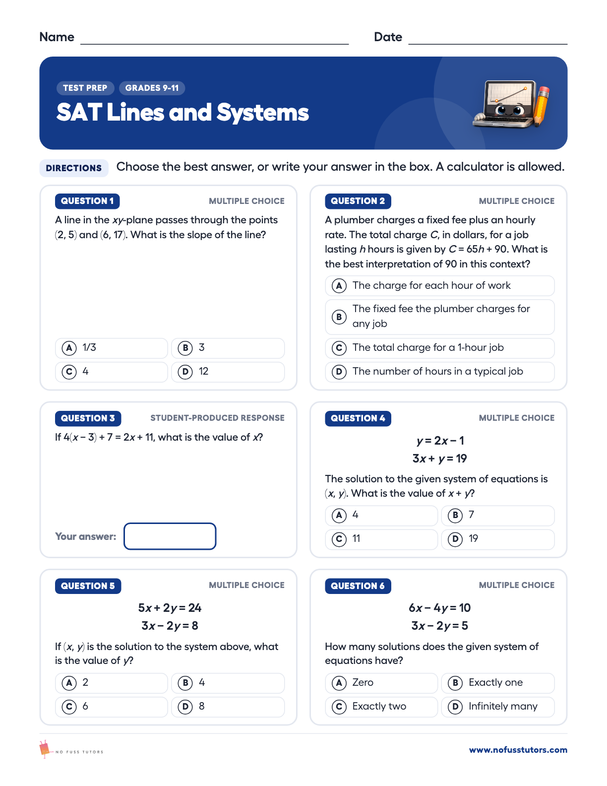 SAT Math Practice: Linear Equations and Systems Test Prep worksheet preview
