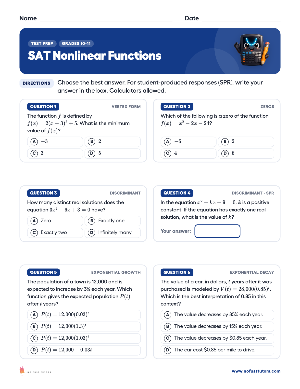 SAT Math Practice: Quadratics and Nonlinear Functions Test Prep worksheet preview
