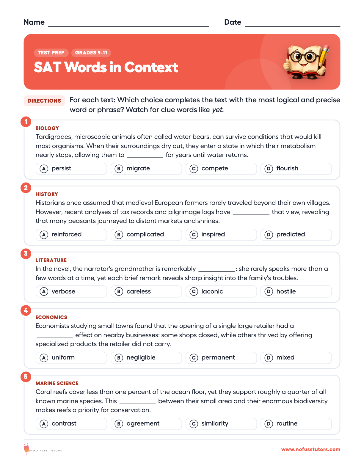 SAT Reading and Writing Practice: Words in Context Test Prep worksheet preview