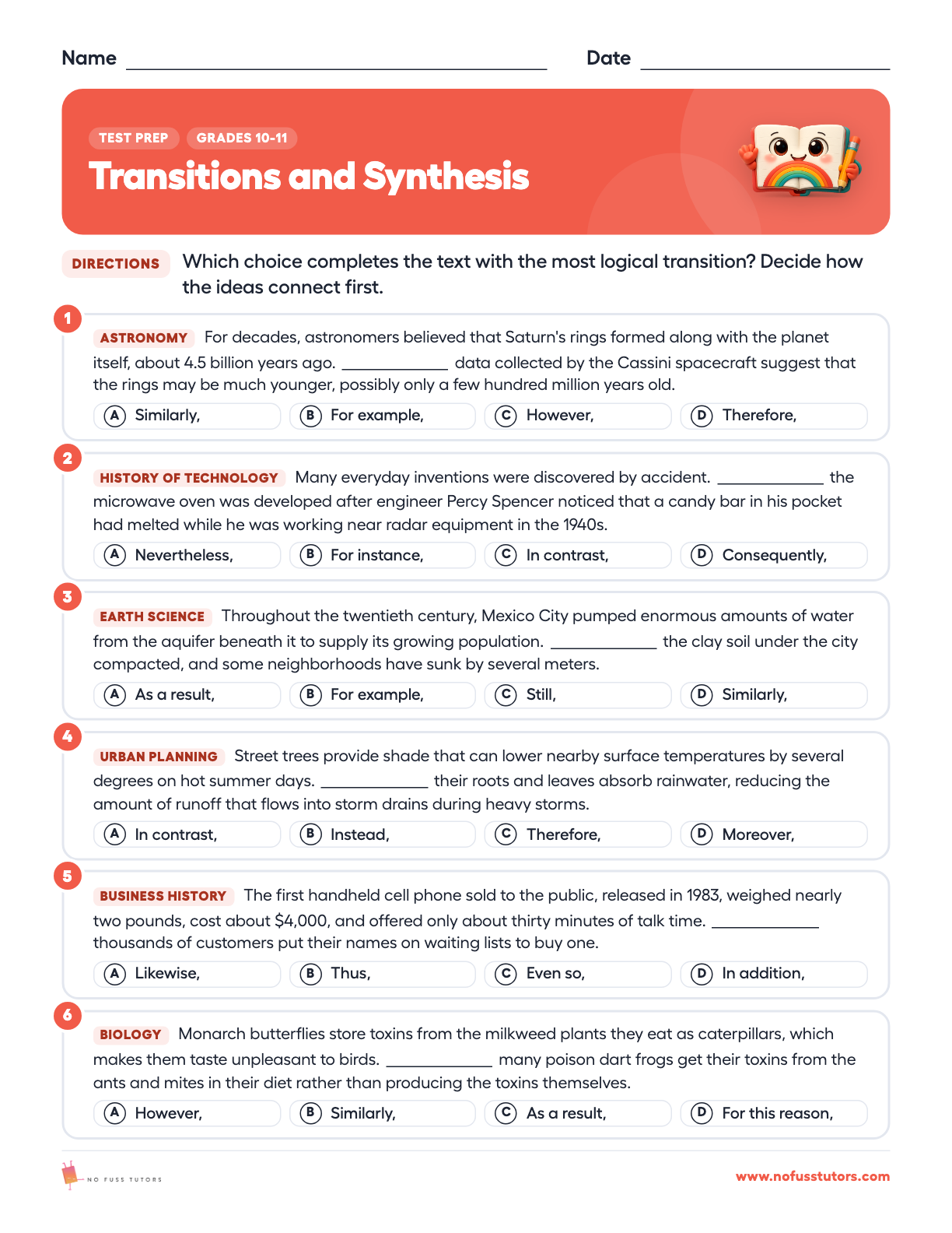 SAT Reading and Writing: Transitions and Rhetorical Synthesis Test Prep worksheet preview