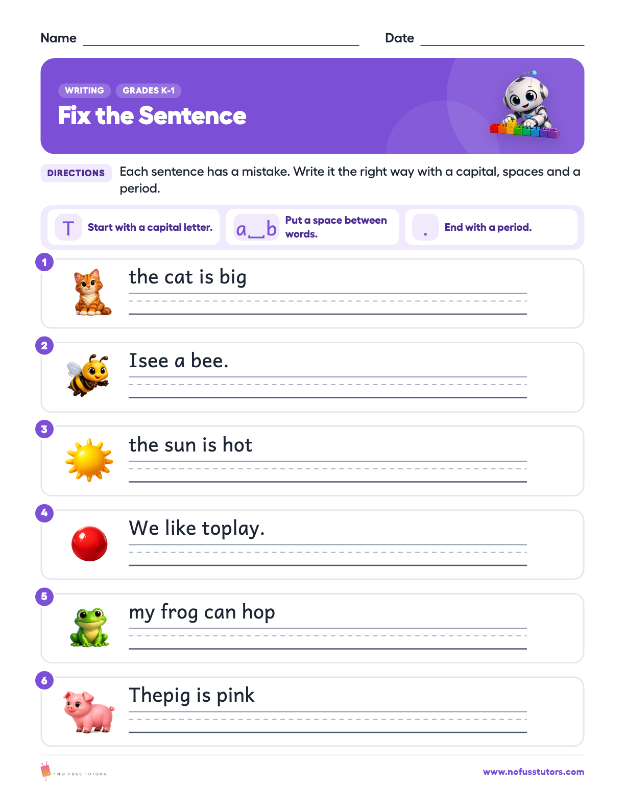 Sentence Building: Capitals, Spaces and Periods Writing worksheet preview