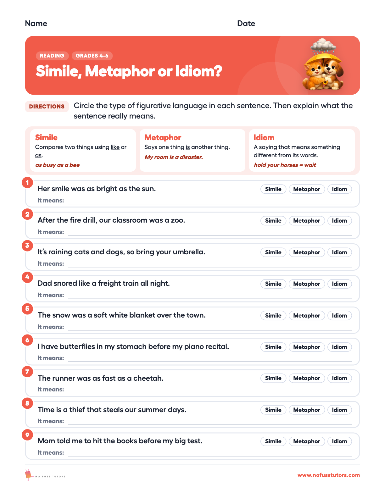Similes, Metaphors and Idioms Reading worksheet preview