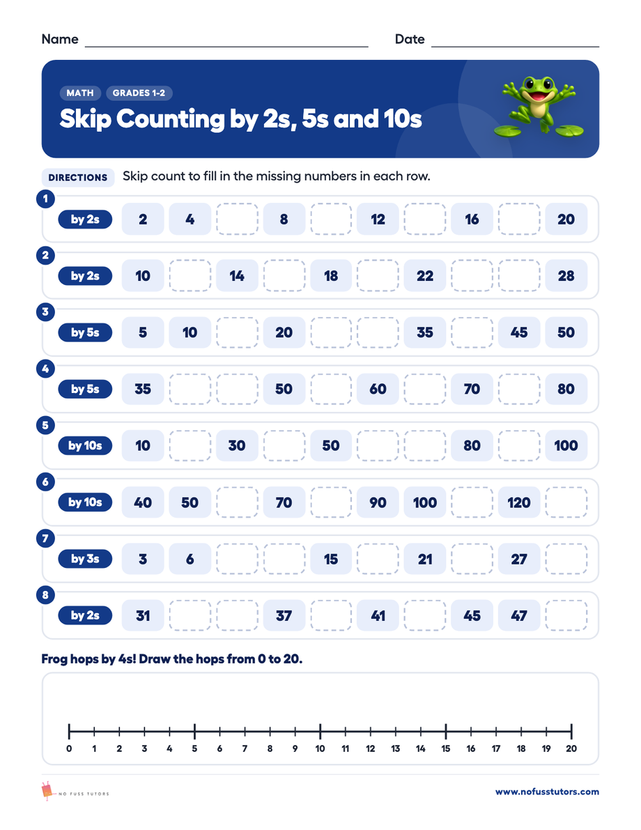 Skip Counting by 2s, 5s and 10s Math worksheet preview