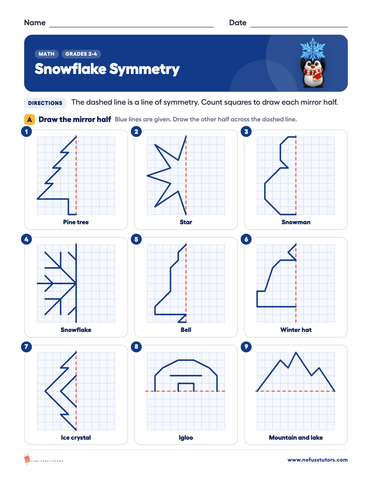 Snowflake Symmetry: Draw the Mirror Half Math worksheet preview