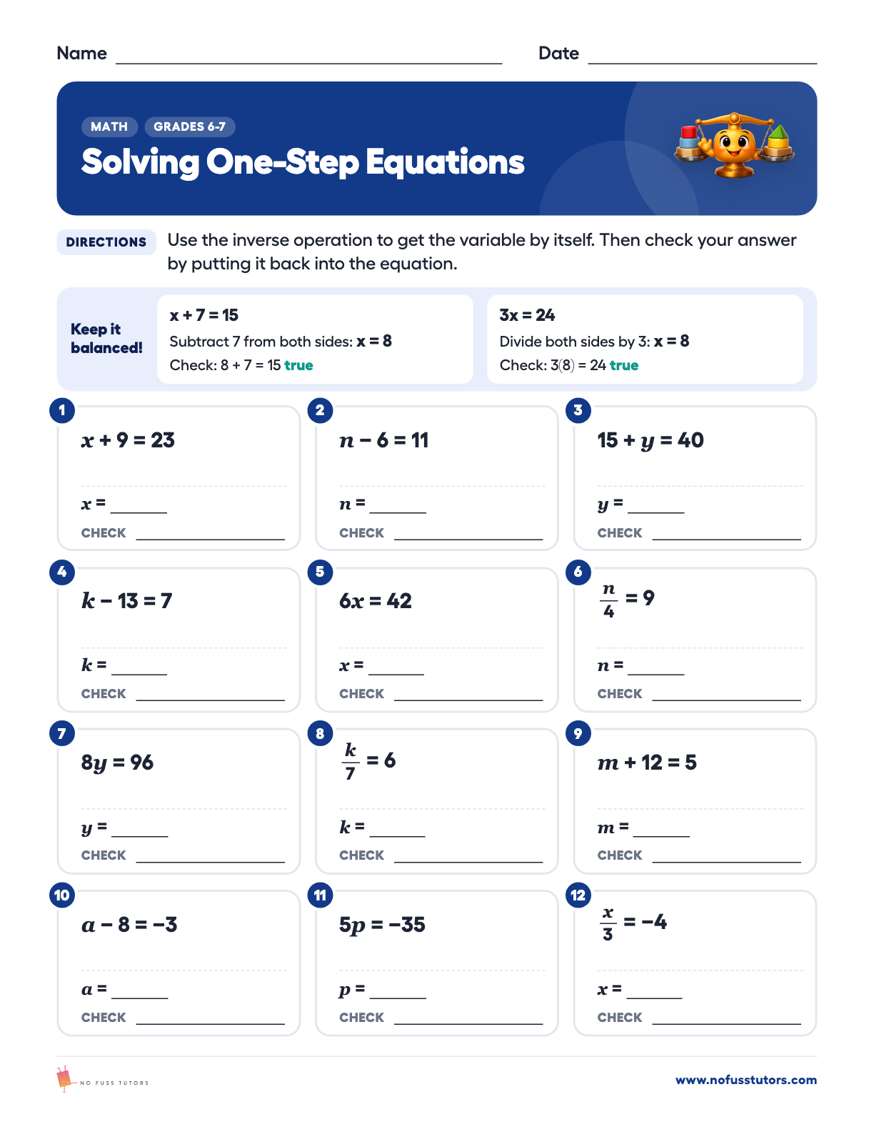 Solving One-Step Equations Math worksheet preview
