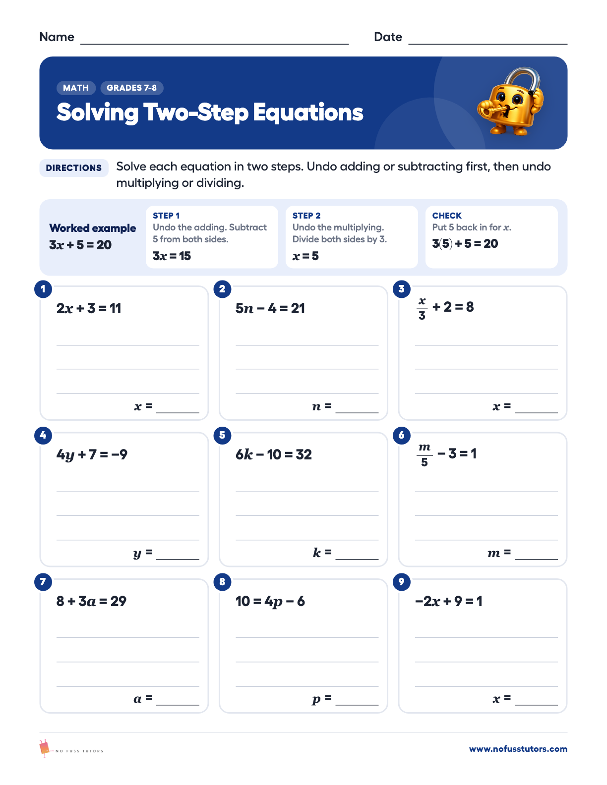 Solving Two-Step Equations Math worksheet preview