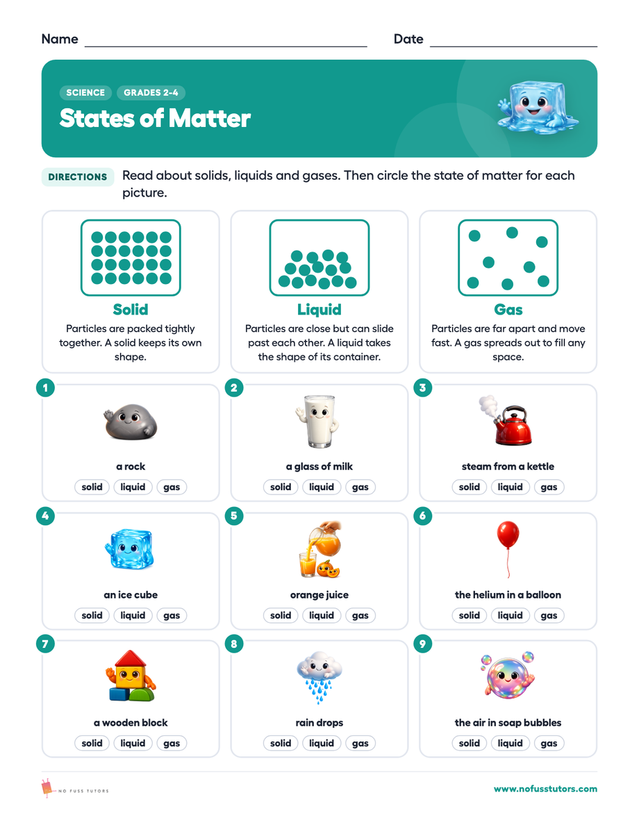 States of Matter Science worksheet preview